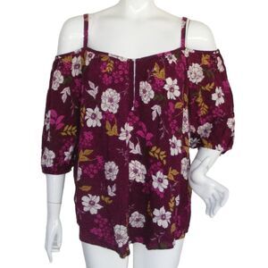 TORRID Camisole Top, 2/2X, Floral on Berry, Spag straps, Cold shoulder, 3/4 slvs